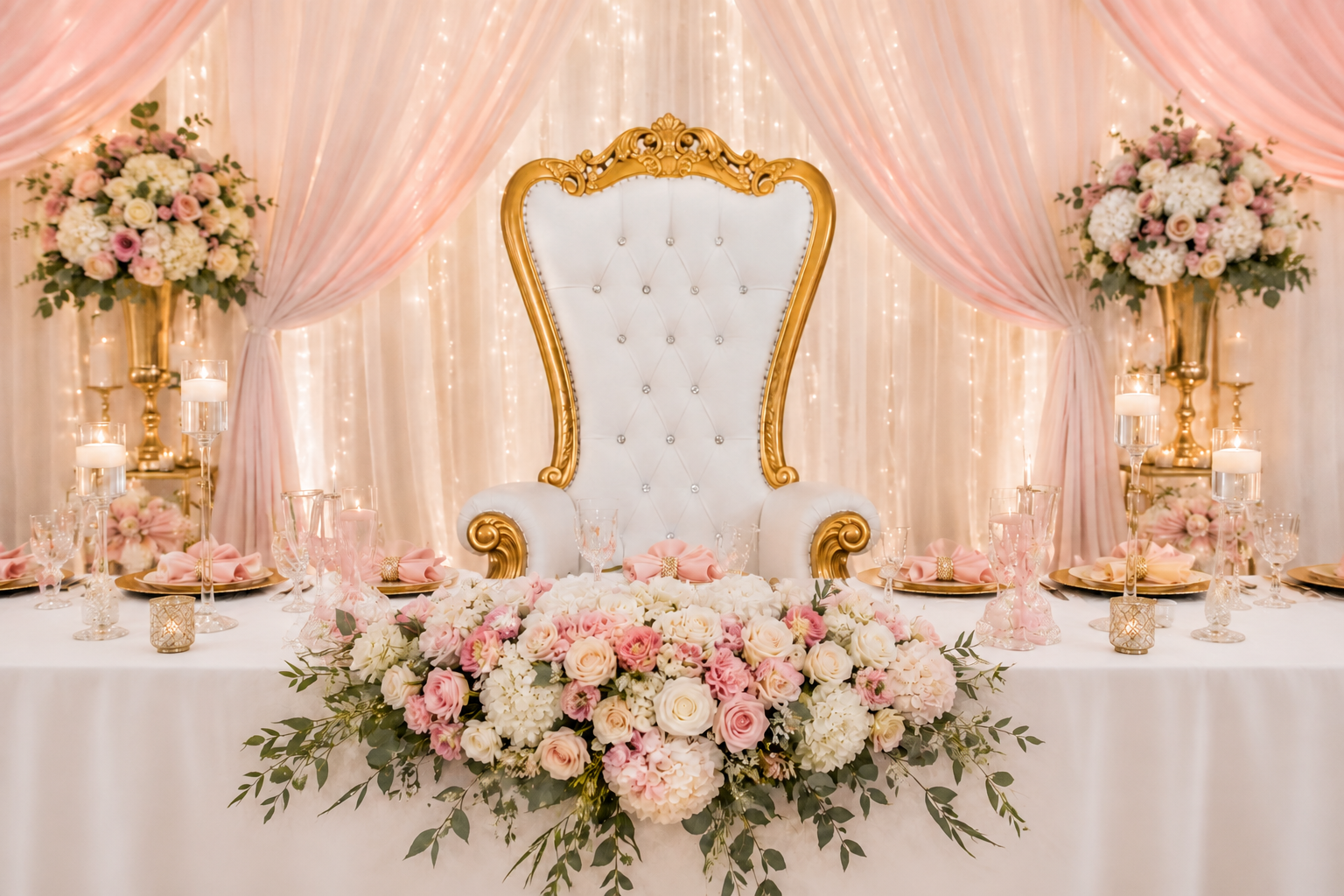 Quinceañera package in San Diego with throne chair, backdrop and court table